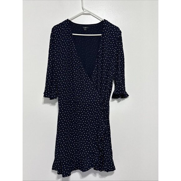 LOFT Woman's Short Sleeve Blue White Polka Dots Ruffle sleeves Dress Size 14 - Picture 1 of 13
